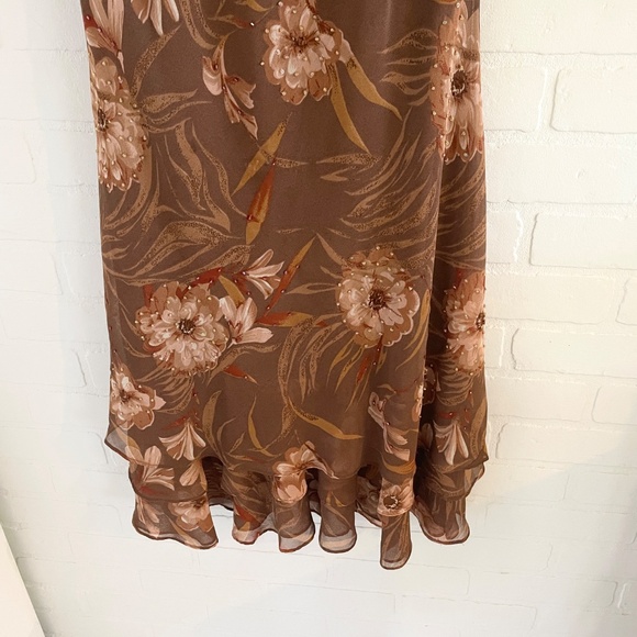 Y2K Midi dress whimsical Wood fairy Floral Chiffon Flowy Ruffled Brown Sz 12 - Picture 2 of 14